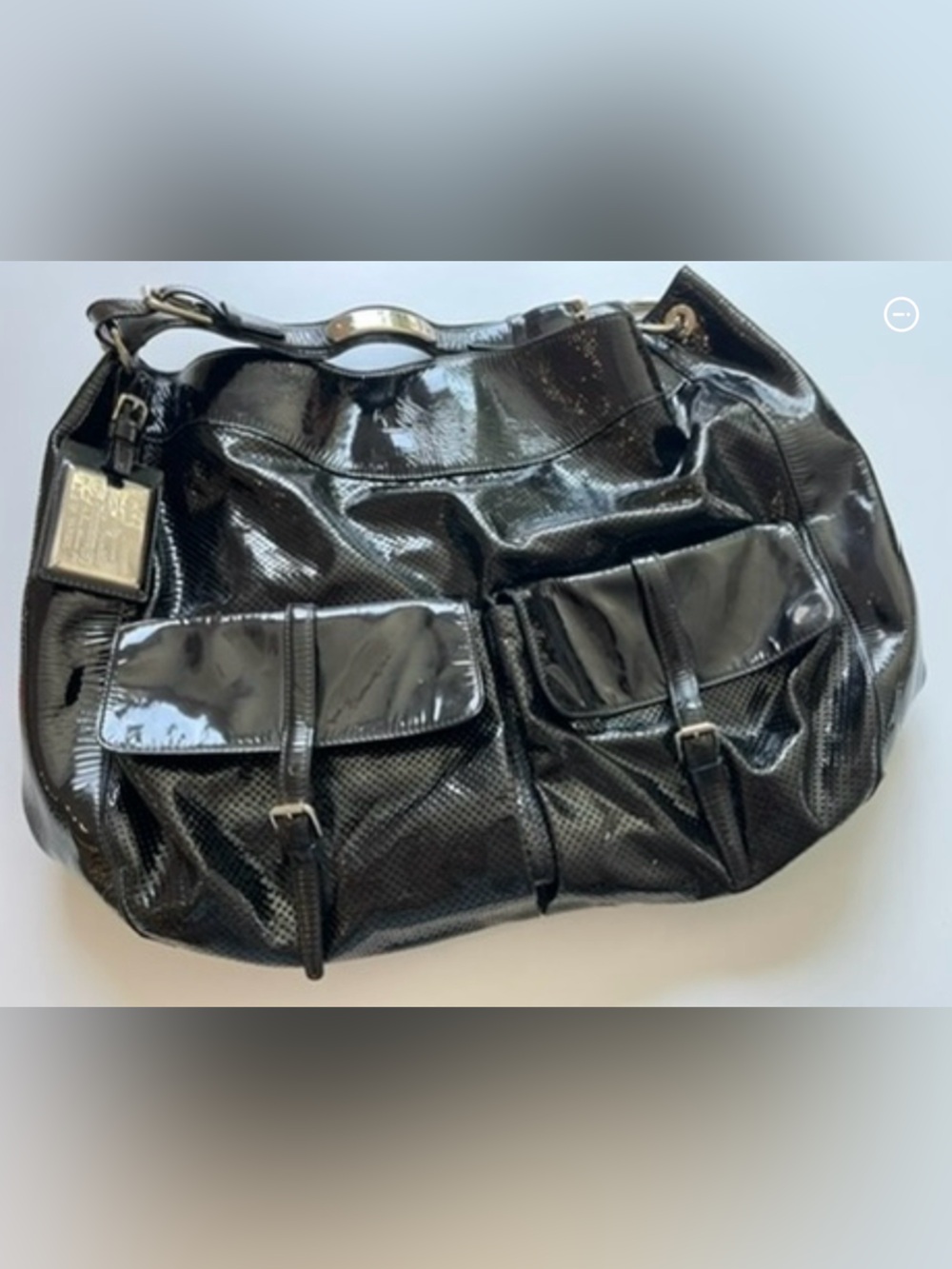 Ralph Lauren Collection Patent Perforated Leather Hobo Bag Black